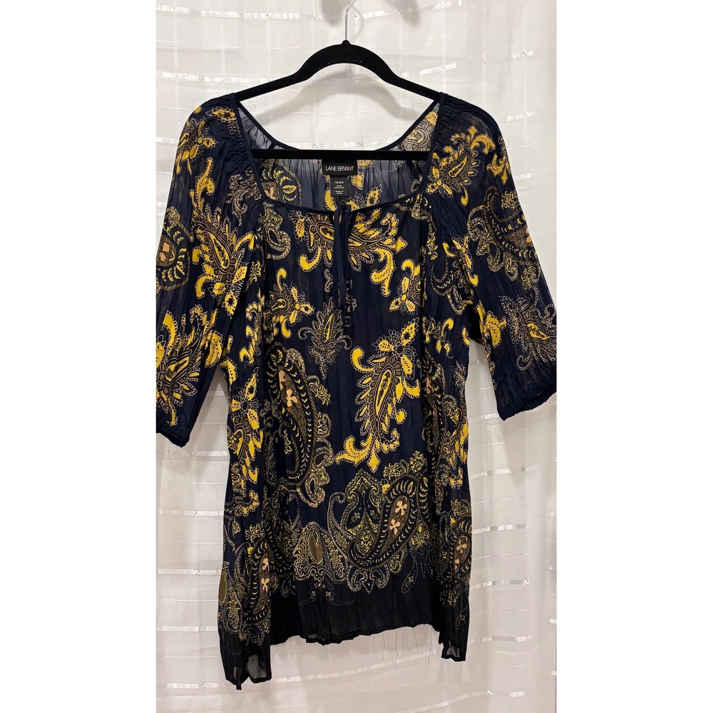 Lane Bryant Womens Plus‎ 18/20 Paisley Print Tie Neck Sheer Blouse Navy Yellow